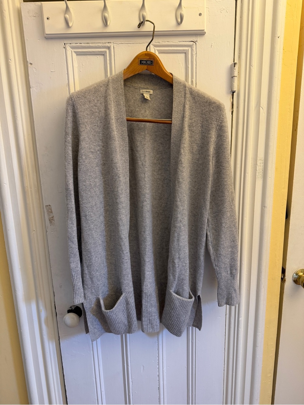 LL Bean 100% Cashmere Cardigan Womens L Gray Open Front Long Pockets
